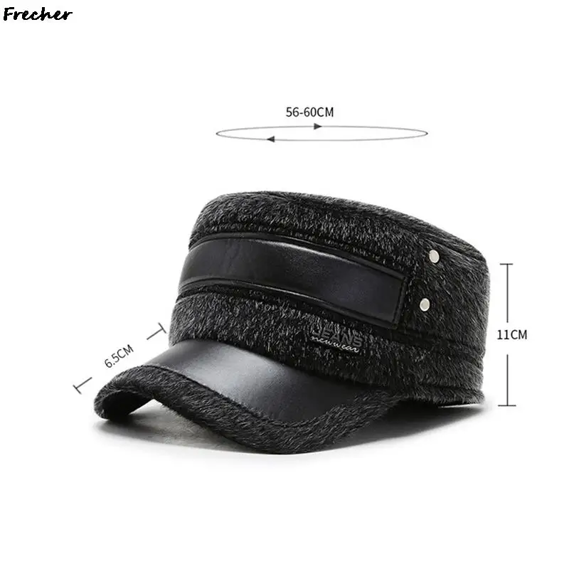 Winter Military Cadet Caps Male Fishing Climbing Hiking Woolen Hats with Earflap Men Keep Warm Leather Fur Patchwork Visors Cap