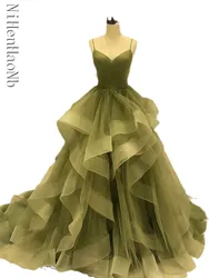 Fairy Green Evening Dresses Spaghetti Straps Ruffles Layers Long Party Prom Gown Vestidos Para Mujer