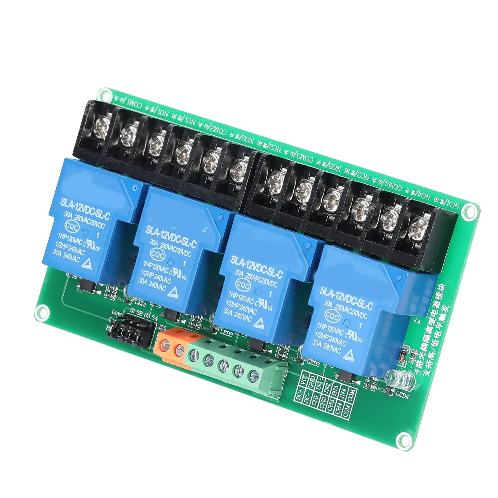Módulo de Relé de 4 Canales con Aislamiento por Optoacoplador, 5V/12V/24V, Corriente de Carga de 30A, Compatible con Activación por Nivel Alto y Bajo, Control Automático PLC