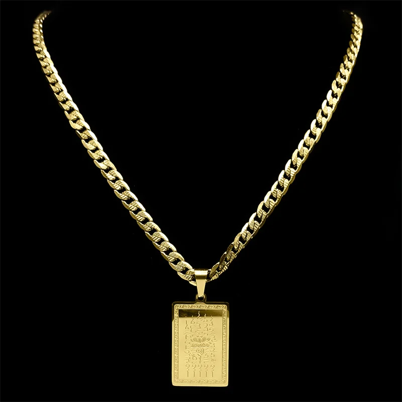 Thailand Scripture Buddhist Plaques Lotus Pendant Necklace for Women Men Stainless Steel Gold Color Square Hip Hop Chain Jewelry