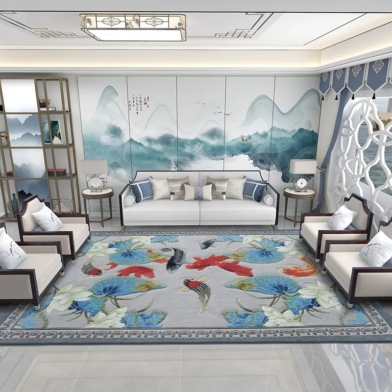 New Chinese Style Blue Fish Pattern Carpet for Living Room Thick Handmade Wool Sofa Area Rug Bedside Meeting Room Office Mat
