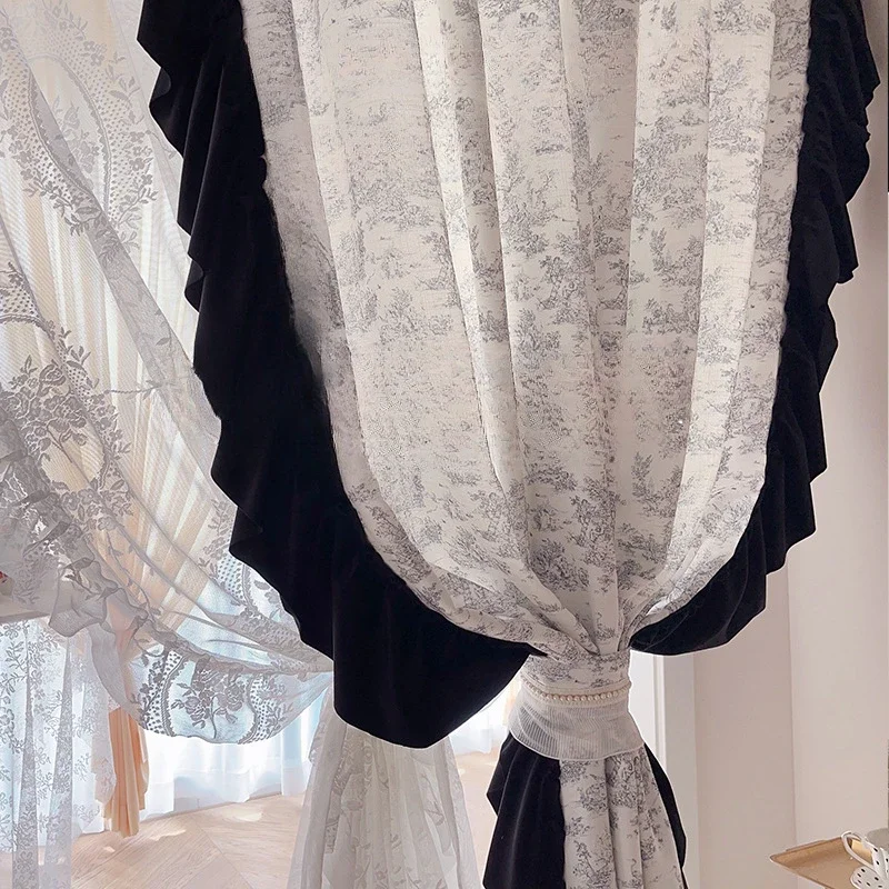 

French Rococo Curtains for Living bedroom cotton linen curtainsbay window lace manor vintage printing balcony tatami screen