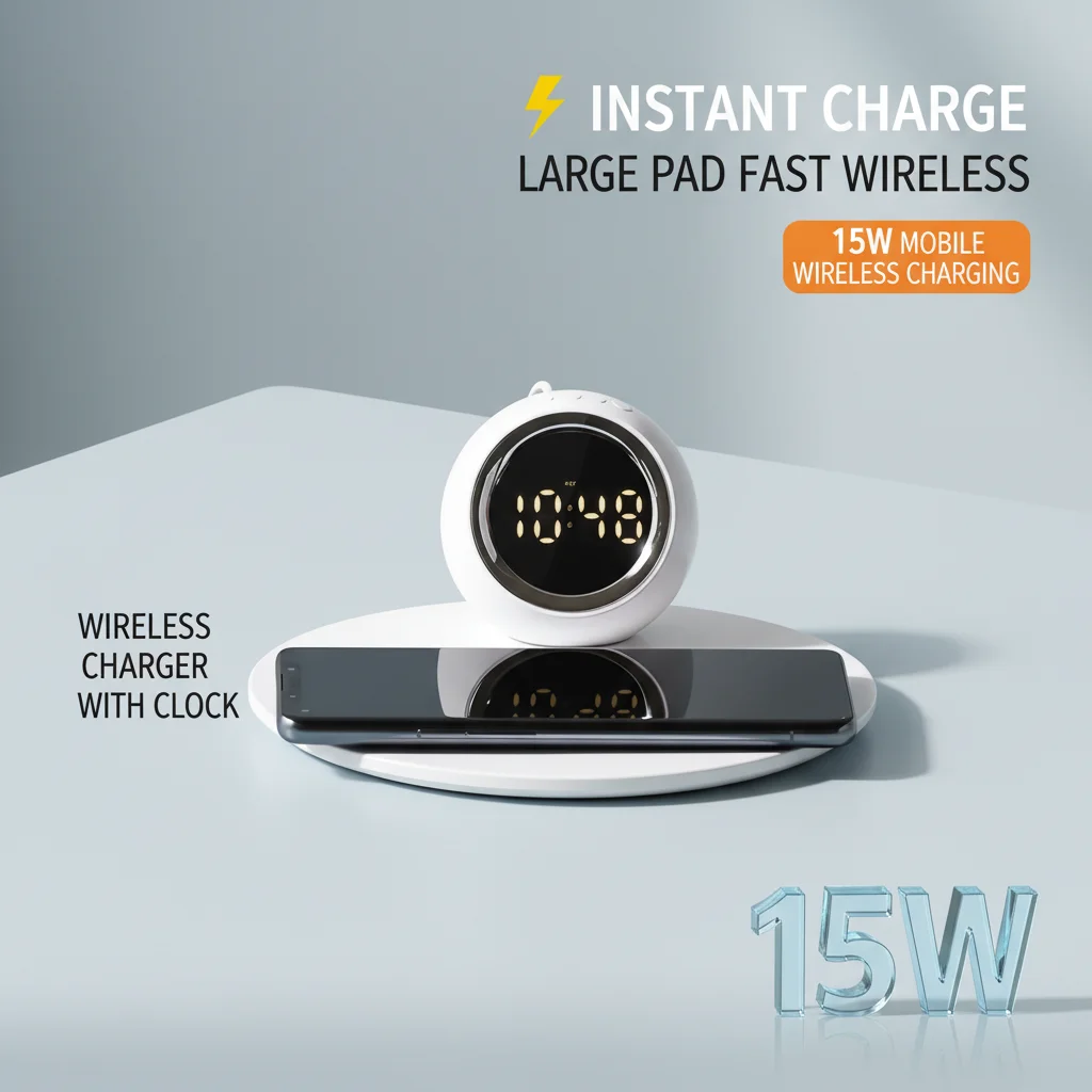 

Wireless Charger Alarm Clock Stand - 15W Fast Charging LED Display with Adjustable Brightness Temperature Readout
