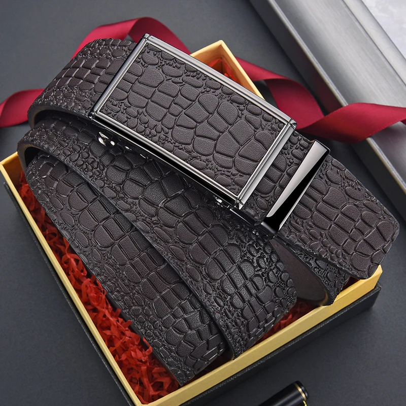 OYIFAN-Cinturón de piel de cocodrilo para hombre, diseño clásico, cinturón de cuero genuino texturizado, cinturón automático de alta calidad