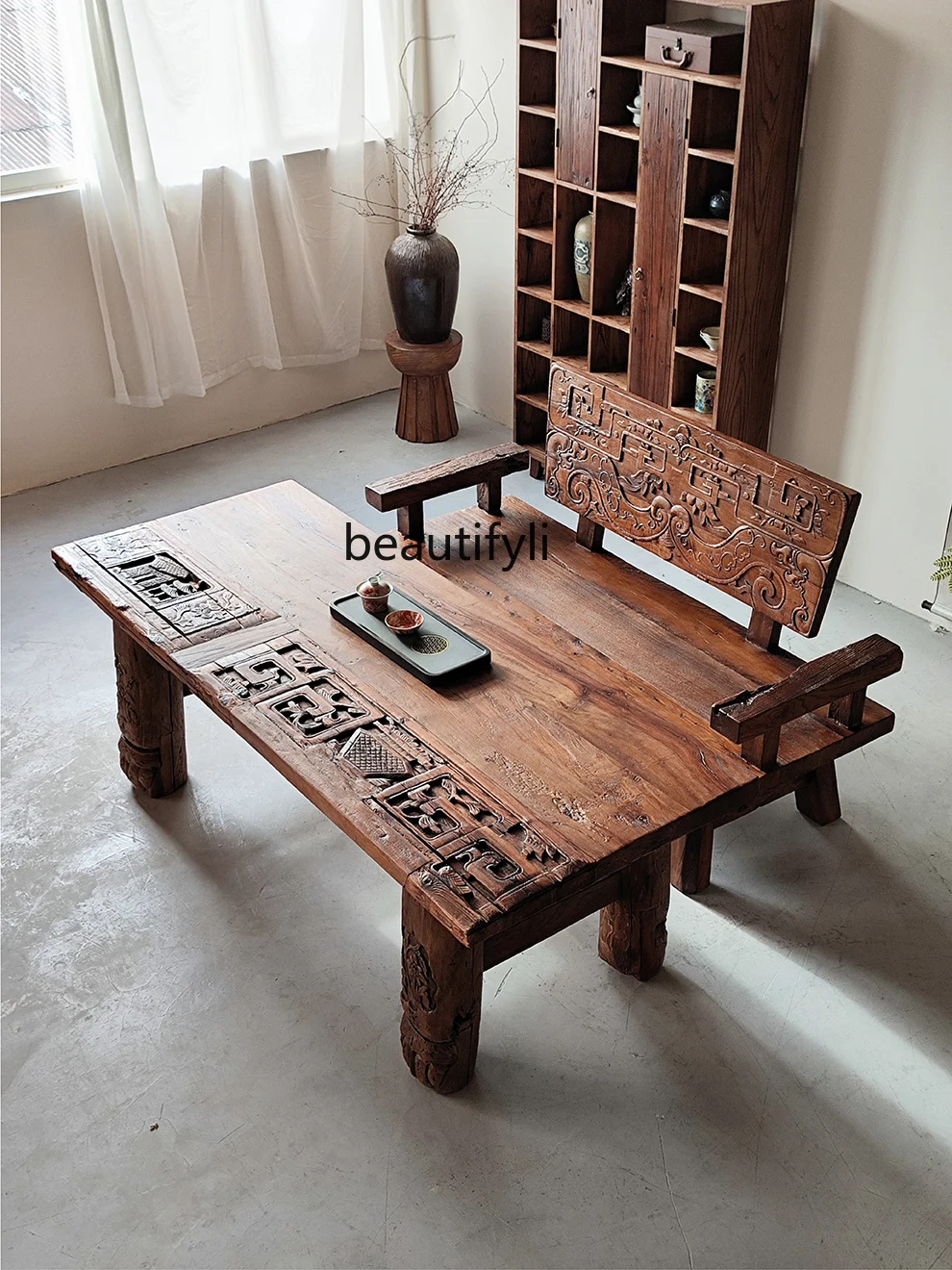 Tea table and chair combination carved tea table old elm door custom designer homestay weathered old wooden table