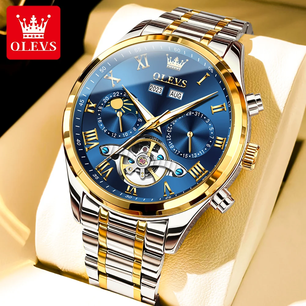 OLEVS 7005 Original Mechanical Watch Skeleton Hollow Out Flywheel Automatic Watches for Men Moon Phase Dual Calendar Wristwatch