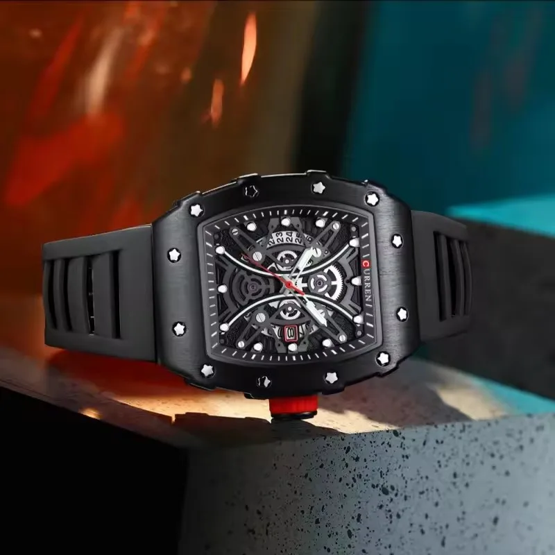 CURREN 8438 Fashion Quartz Men's Watch Waterproof Barrel Type Dial Calendar Night Light Silicone Strap Sports and Leisure Watch