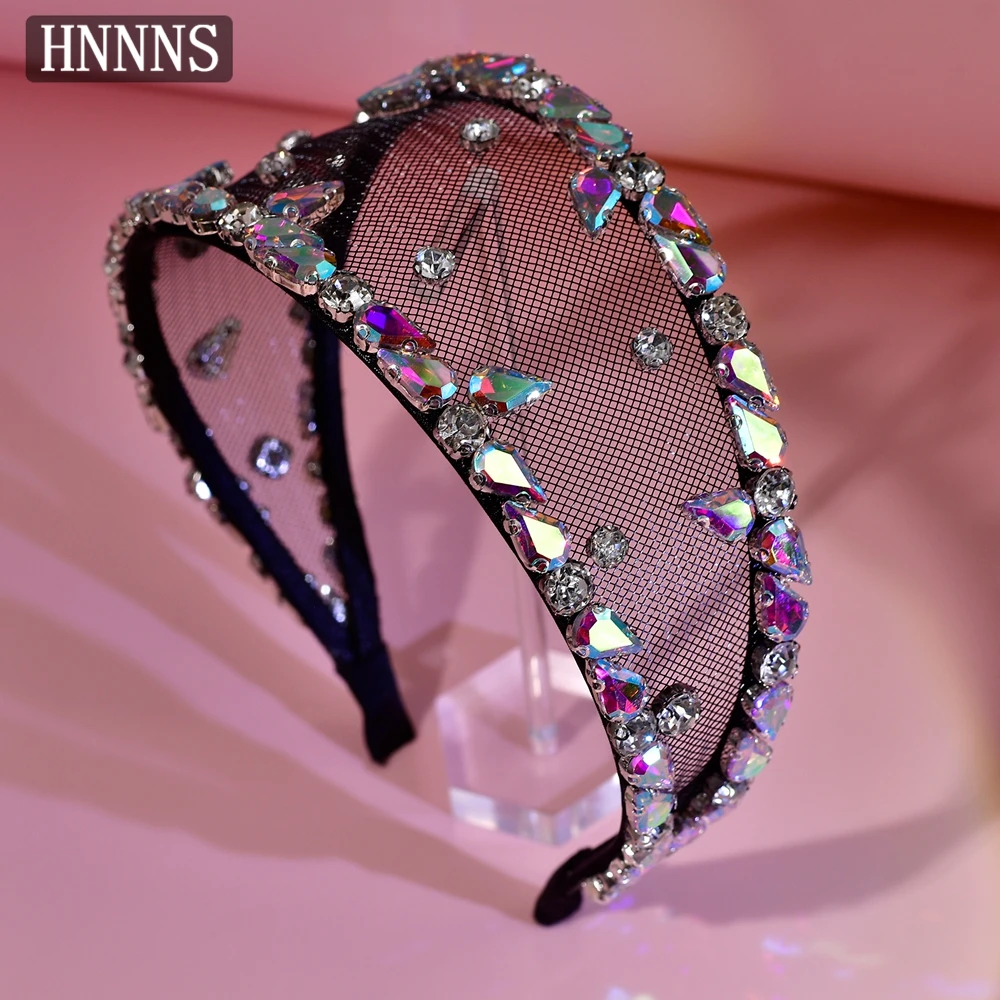 

HNNNS Colorful Sparkling Rhinestone Headband Black Mesh Wide Headdress Fashion Bridal Headwear Exquisite Hair Accessories A145