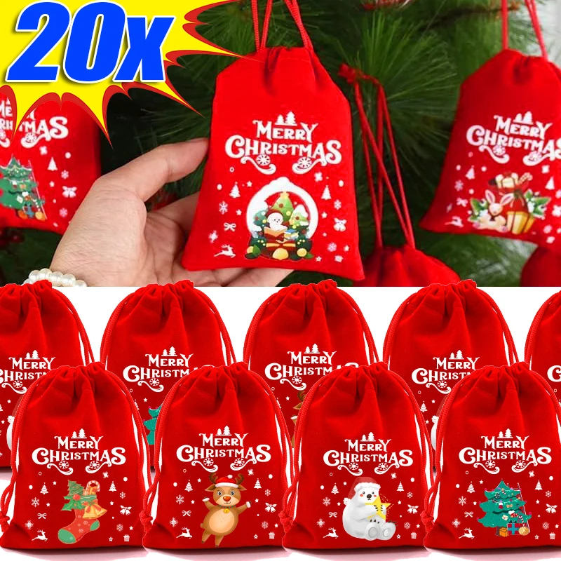 Wholesale Christmas Velvet Bags Drawstring Candy Biscuits Pouch Red Bracelet Jewelry Packaging Bags Merry Christmas Storage Bags