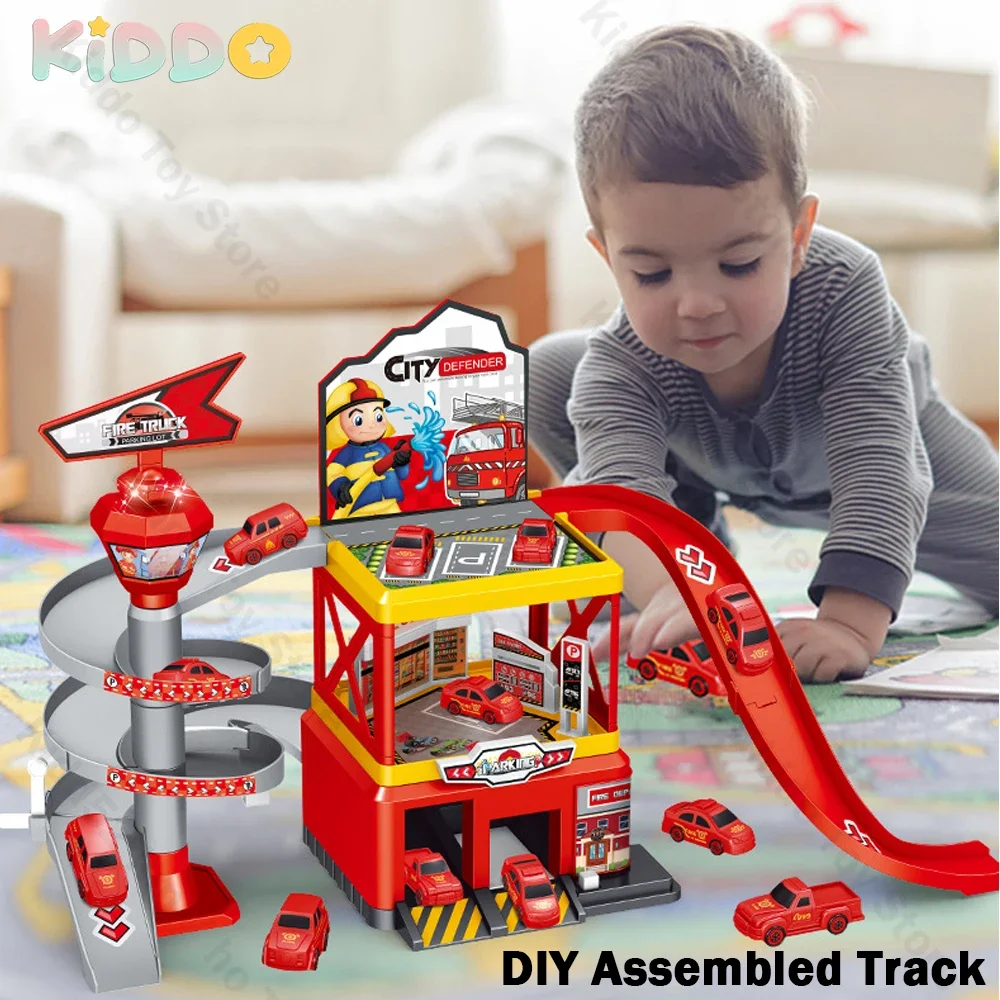 DIY Assembled Track City Multi-Storey Parking Lot Light Rail Car Inertia Vehicle Engineering Car Toys Alloy Racing Car Boys Gift