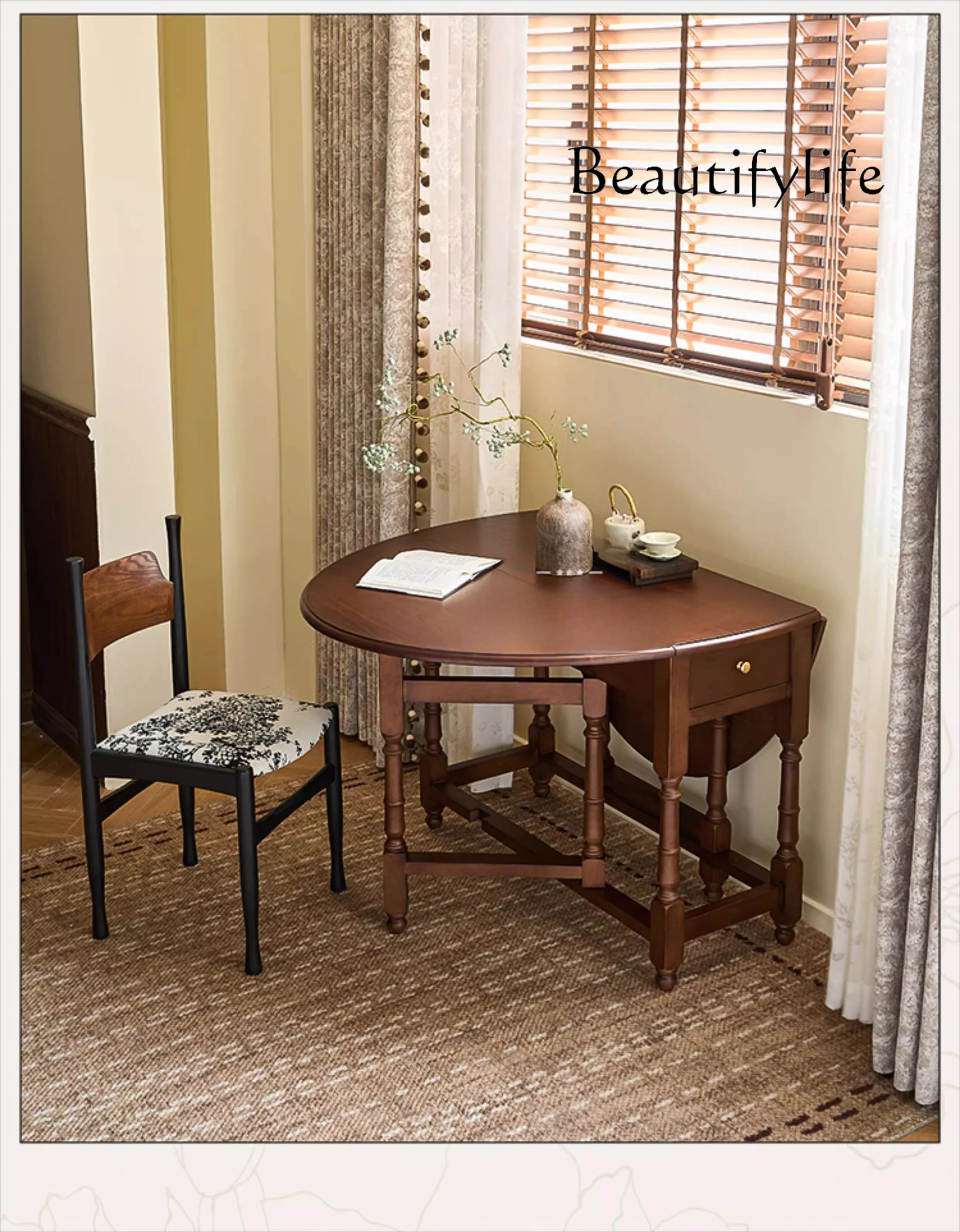 Retro solid wood bilateral folding variable round table small apartment drawer household wall table designer model
