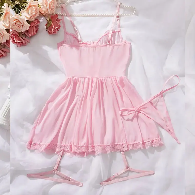 الوردي لطيف G-سلاسل مجموعة الملابس الداخلية فستان سهرة المثيرة Sexi Lenceria الحمالات رقيقة جدا الملابس الداخلية النساء الساخن شبه شير ثوب النوم