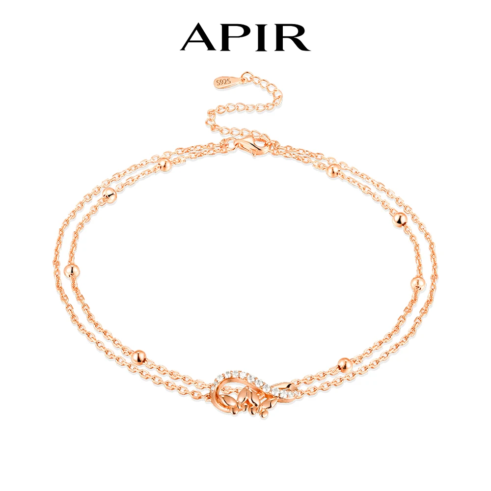 

APIR 14k Rose Gold Plated Moissanite Anklet for Women 925 Sterling Silver Double Layer Adjustable Dainty Foot Chain Jewelry Gift