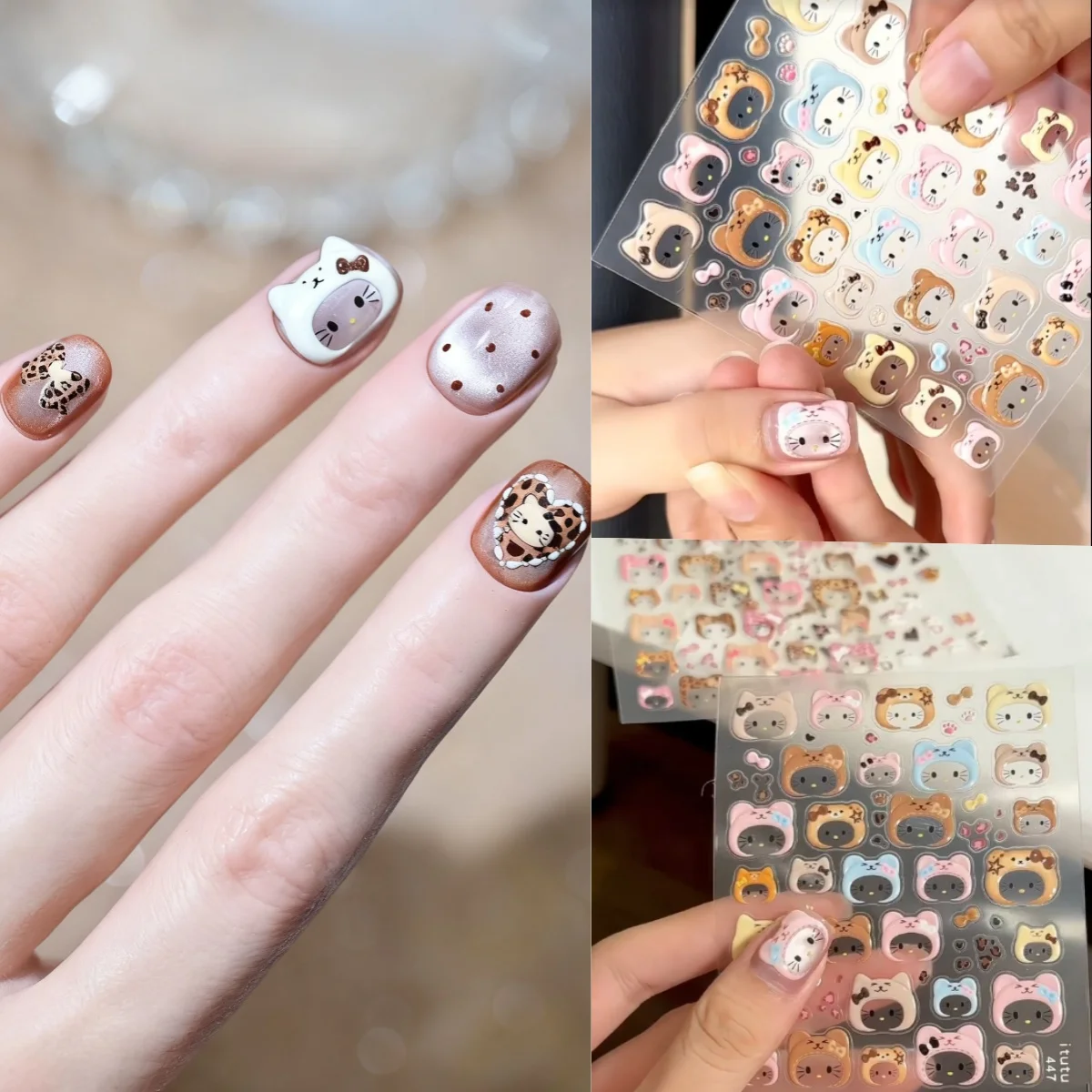 1/2/3 pièces mignon imprimé léopard Hello Kitty chapeau Nail Art autocollant 5D écharpe arc ongles décalcomanies pouces Kitty automne hiver accessoire pour ongles