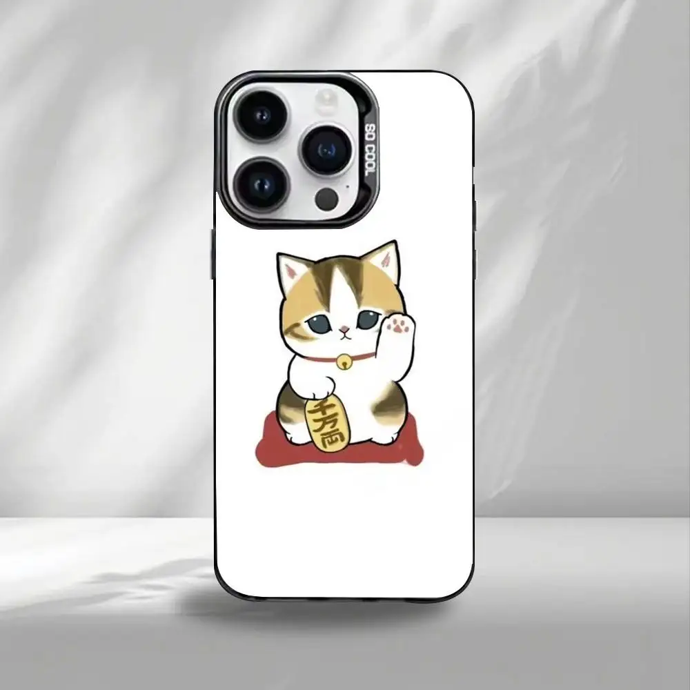 C-ute Mofusands Cat Phone Case For iPhone17,16,15,14,13,12,11 Plus,Pro Max Black Border Silver  Plated Cover