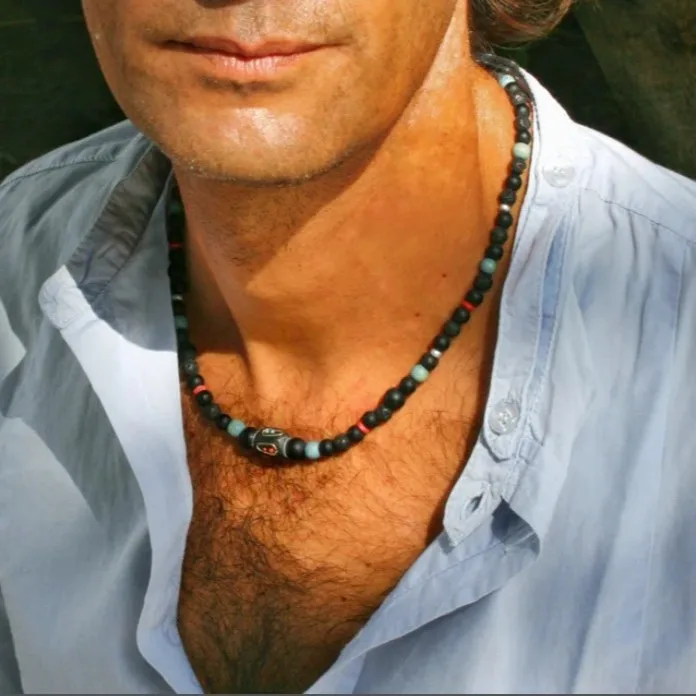 

1PC Vintage Nepal Ethnic Black Lava Stone Beaded Necklace For Men Tribal Jewelry