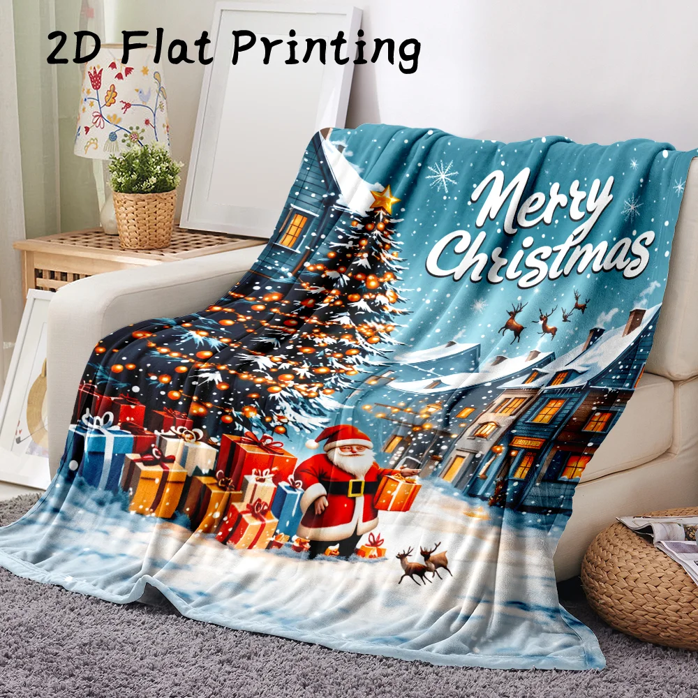 1PC 2D flat-printed “Merry Christmas” flannel blanket, ultra-soft — Christmas decorations, holiday parties, everyday use, and gi