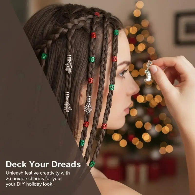 Christmas DIY Dreadlocks Wigs Set 26 PCS Hollow Braid Hair Rings Hair Styling Accessories for Festival Events