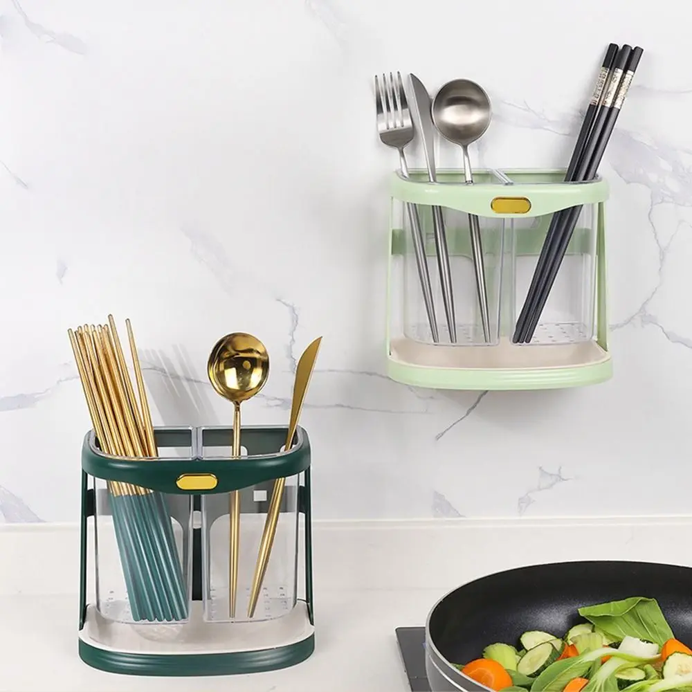 Plastic Double Grid Chopsticks Cage 2 Compartments Wall-mounted Chopsticks Storage Box Visible with Drain Tray