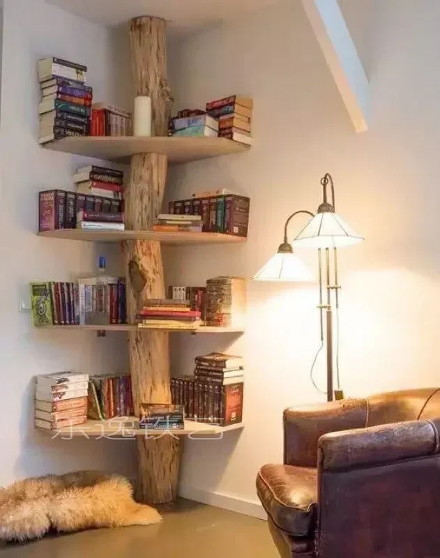 Tree shelf Solid wood bookshelf Creative living room Stump rack Simple small bookcase Multi-layer cabinet Log floor bookshelf