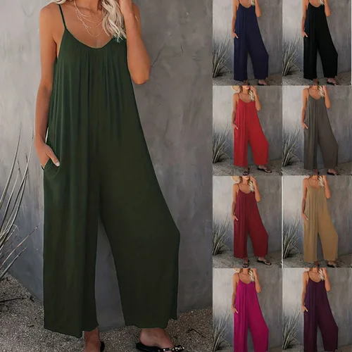 Mono de verano de talla grande para mujer 2025, mameluco sin mangas de pierna ancha con bolsillos laterales, traje informal de una pieza