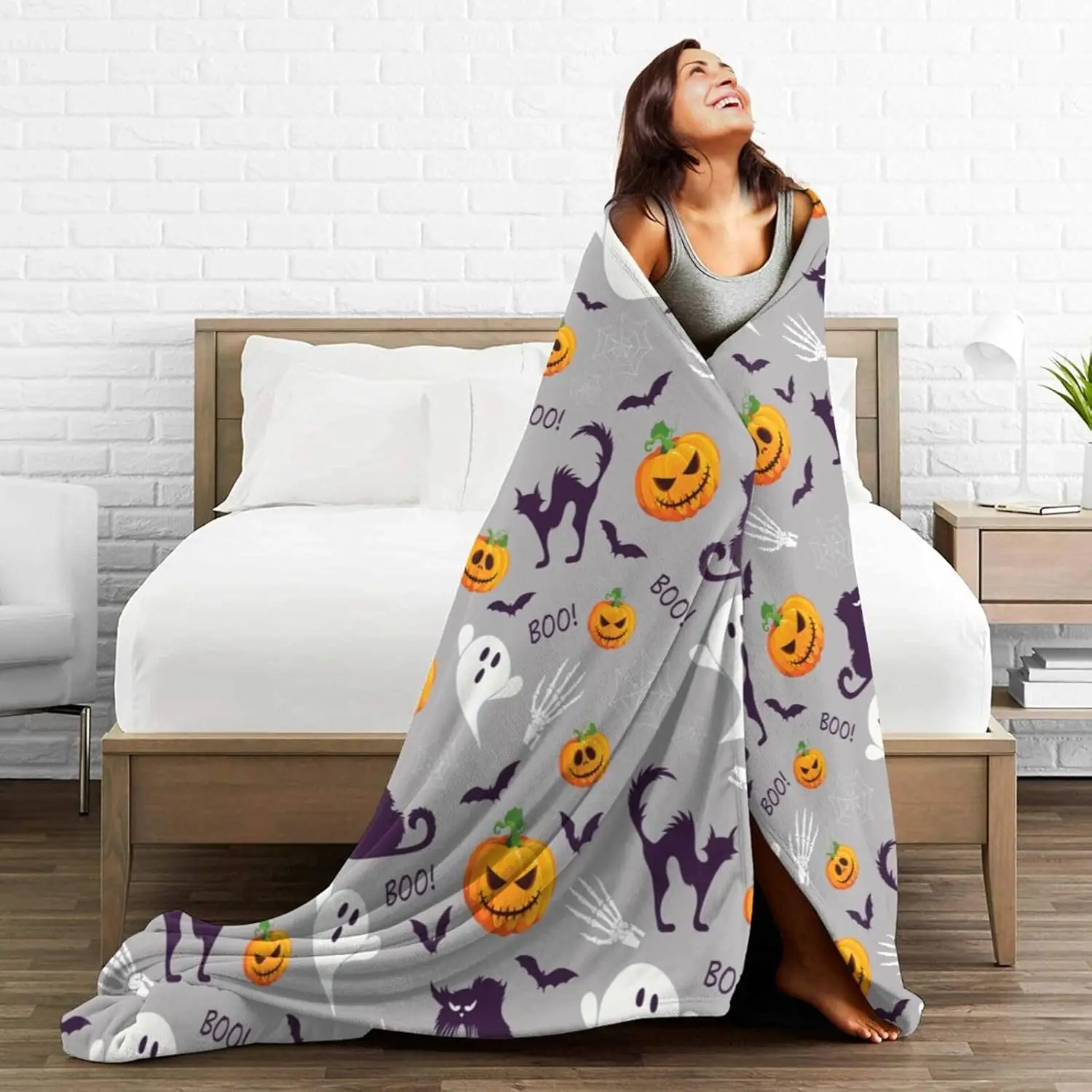 Halloween Blanket Pumpkin Cat Bat Ghost Throw Blanket Cozy Fleece Flannel Plush Bedding For Boys Girls Men Women Kids For Couch view 6