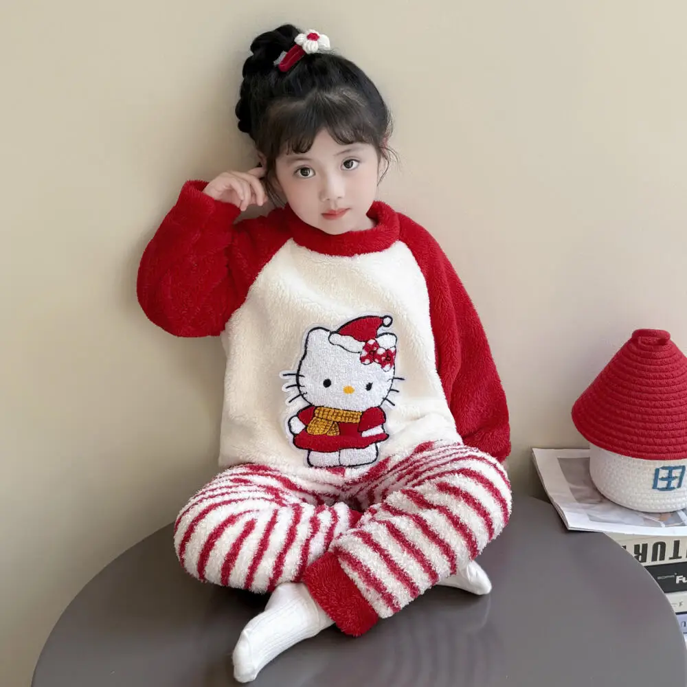 

Sanrio Hello Kitty Girls' Pajamas Coral Velvet Autumn Winter Cartoon Animation Children's Cat Suit Red Flannel Baby Home Clothes