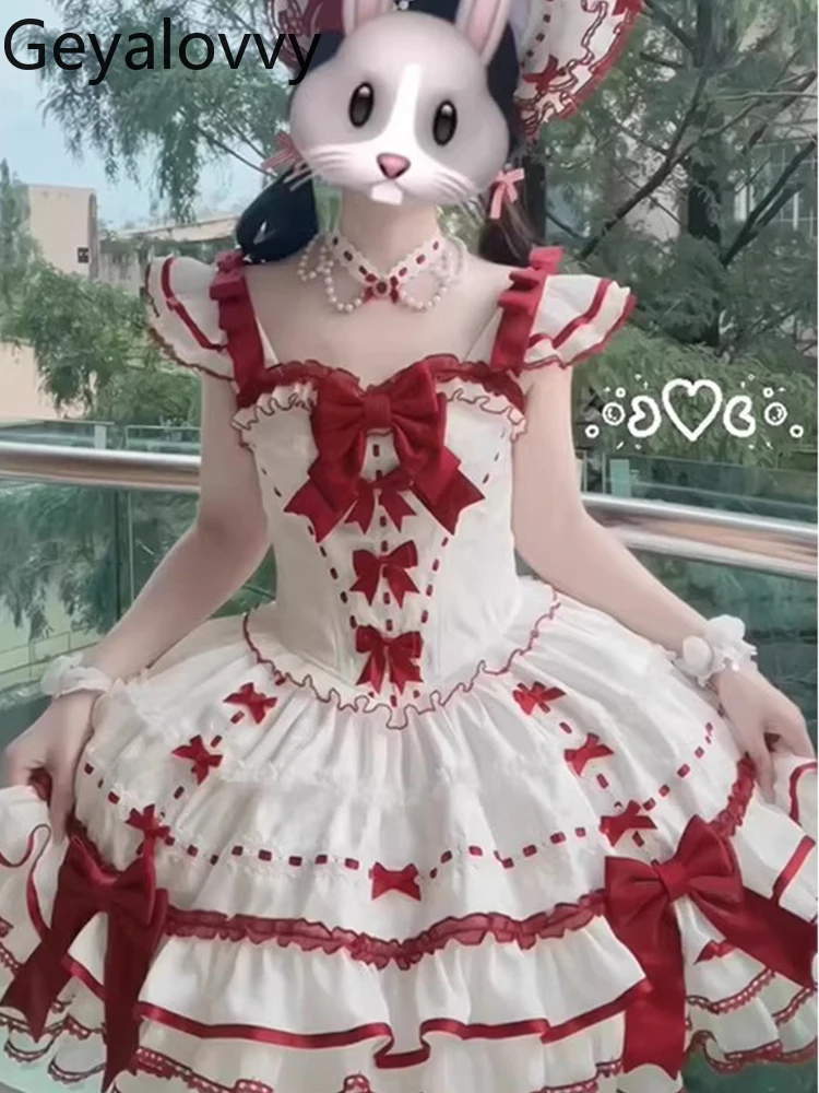

Red and White Color Block Sweet Girl Lolita Daily Princess Dress Bow High Waist Cinched Slimming Flutter Sleeves Cake Dresses