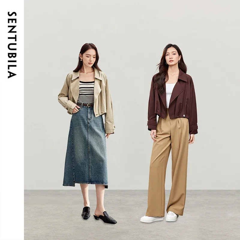 

SENTUBILA Straight Cotton Trench Jackets for Women Spring 2025 New Folds Turn Down Collar Single Button Outdoor Coats 151W58308