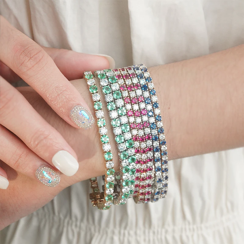 Китай оптовая продажа Starsgem круглая форма роскошный обручальный браслет 14 К золото лабораторный изумруд рубин сапфир муассаниты теннисная цепочка