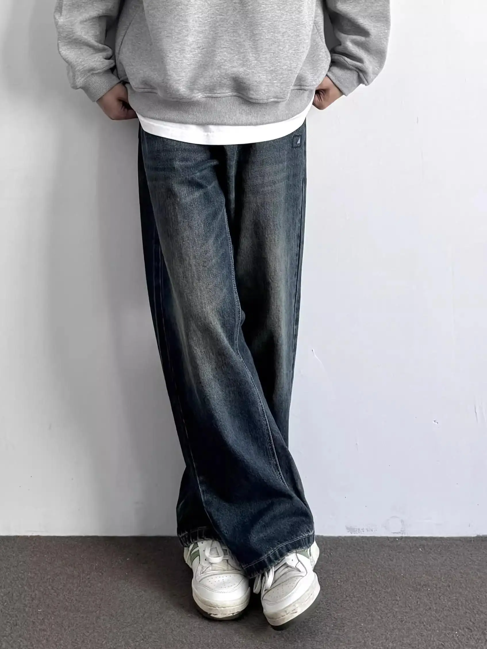 

Deep Blue Fce Lined Thiened Men's Jeans American High Street Sle Cleanfit Bootcut Straight Leg Trousers for Autumn Winter