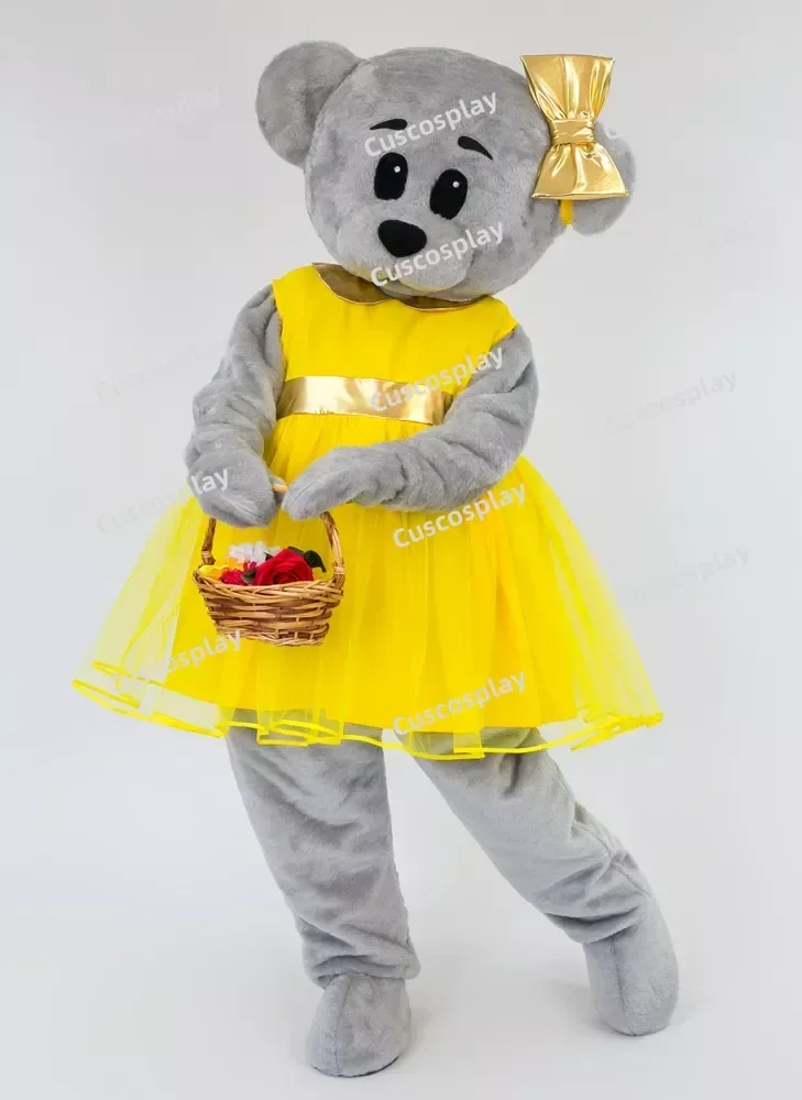 فستان أصفر رمادي تيدي بير زي التميمة شخصية ملاهي Funfair الرسوم المتحركة فستان بتصميم حالم حفلة عيد الهالوين
