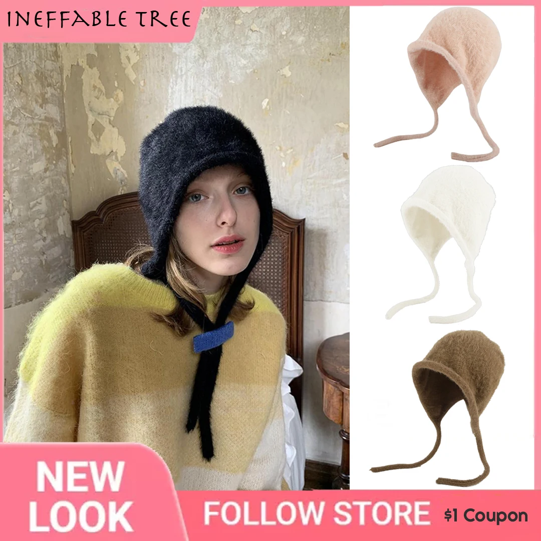 Japanese Imitation Mink Winter Hats for Women Men Beanie Caps Balaclava Style Warm Windproof Pullover Rear Split Wool Cap