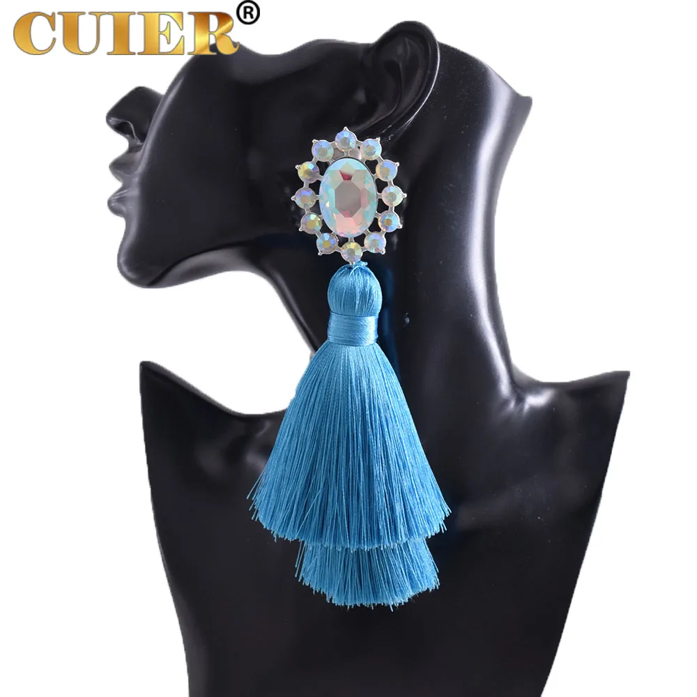 

CUIER Gorgeous 6” Silky Cotton Tassels Dangle Earrings for Women Long Fringe Huge Jewelry Crystal Accessories