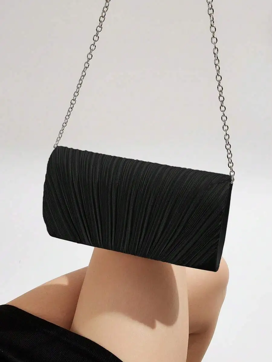 

Black Pleated Envelope Clutch Bag With Chain Strap For Evening Party Wedding