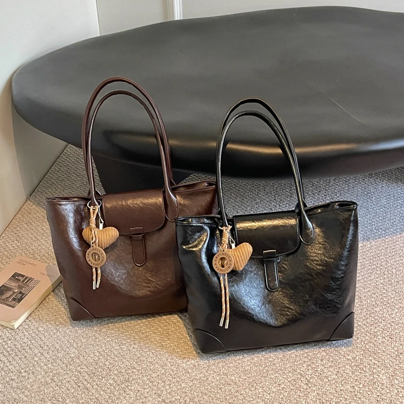 Retro Style Commuter Tote Bags For Women Vegan Leather Solid Color Large Capacity Shopper Shoulder Bag Quality Handbags Female
