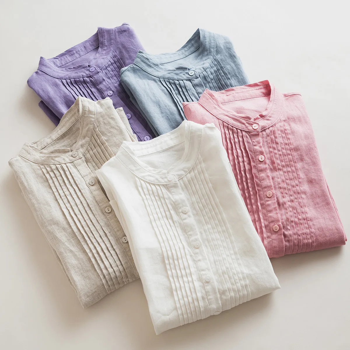 

Dave&Di Pure Linen Stand Up Collar Long Sleeved Shirt With Front Pleats For Commuting Artistic White Shirt For Women