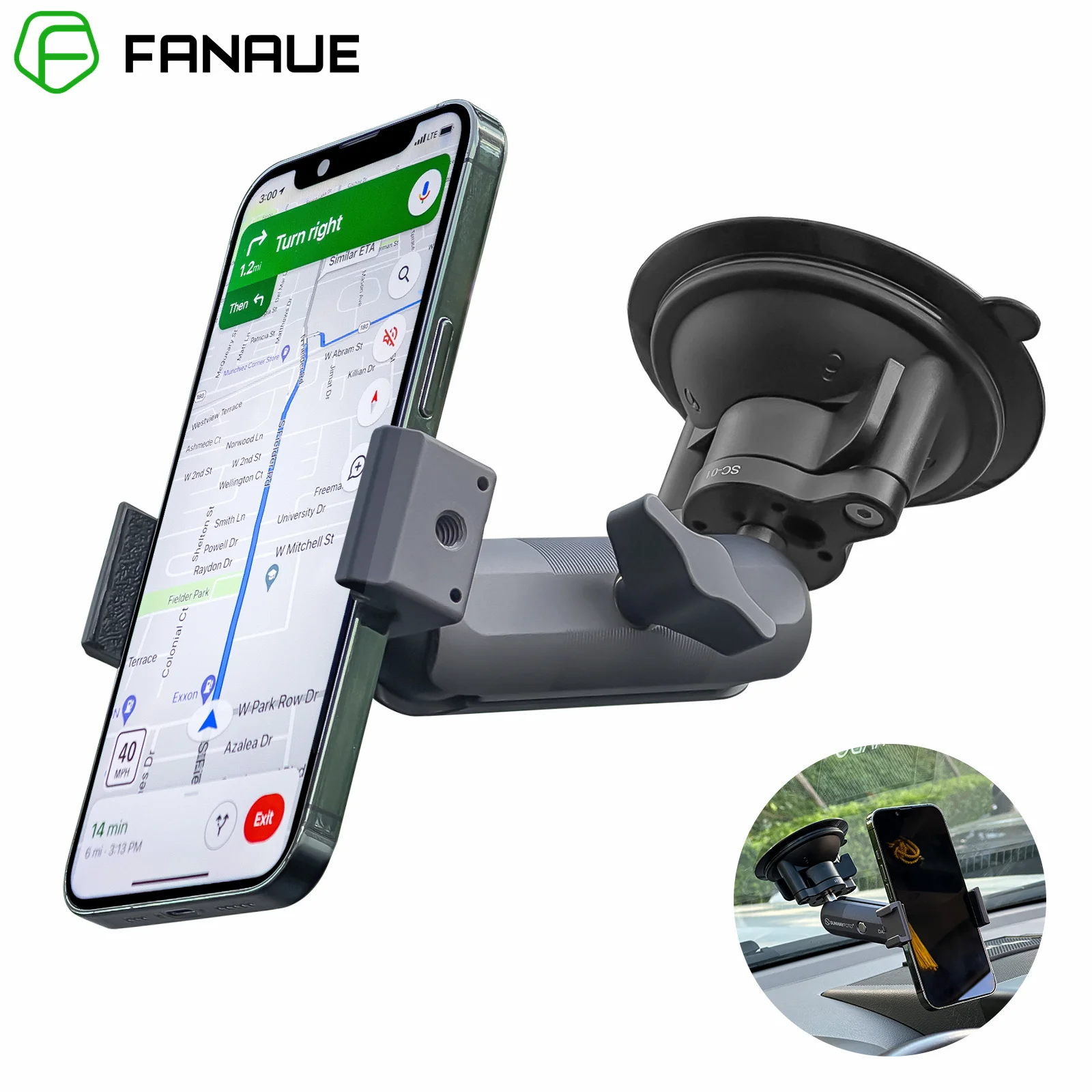 FANAUE Car Phone Holder Mount GPS Windshield Twist-Lock Suction Cup Base with 1