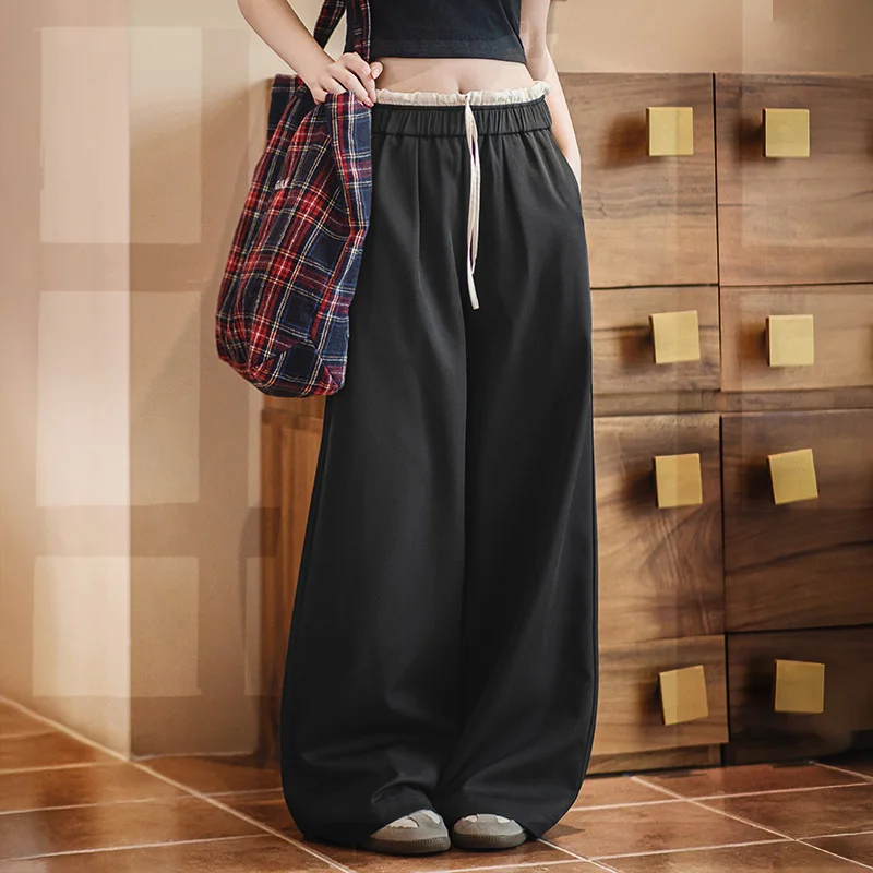 Maden Pantalones de retales de pierna ancha para mujer, cintura elástica negra con cordón, pantalones de vestir de oficina transpirables para verano