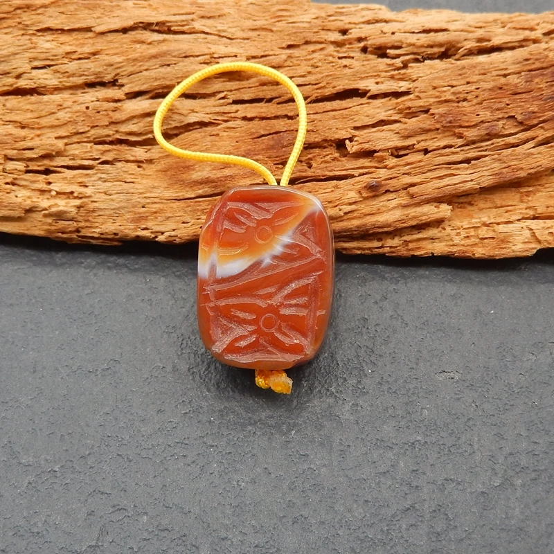العقيق الأحمر الطبيعي قلادة مستطيلة منحوتة البرتقال الأحمر النطاقات الأحجار الكريمة مع نمط محفور لصنع المجوهرات 22x15x8mm-5.2g #3