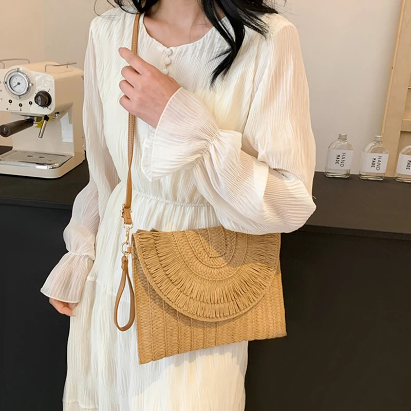 Straw Handmade Weave Clutch Bag Solid Color Pouch Purse Female Summer Flap Bohe Beach Wallets Crossbody Bag image 4