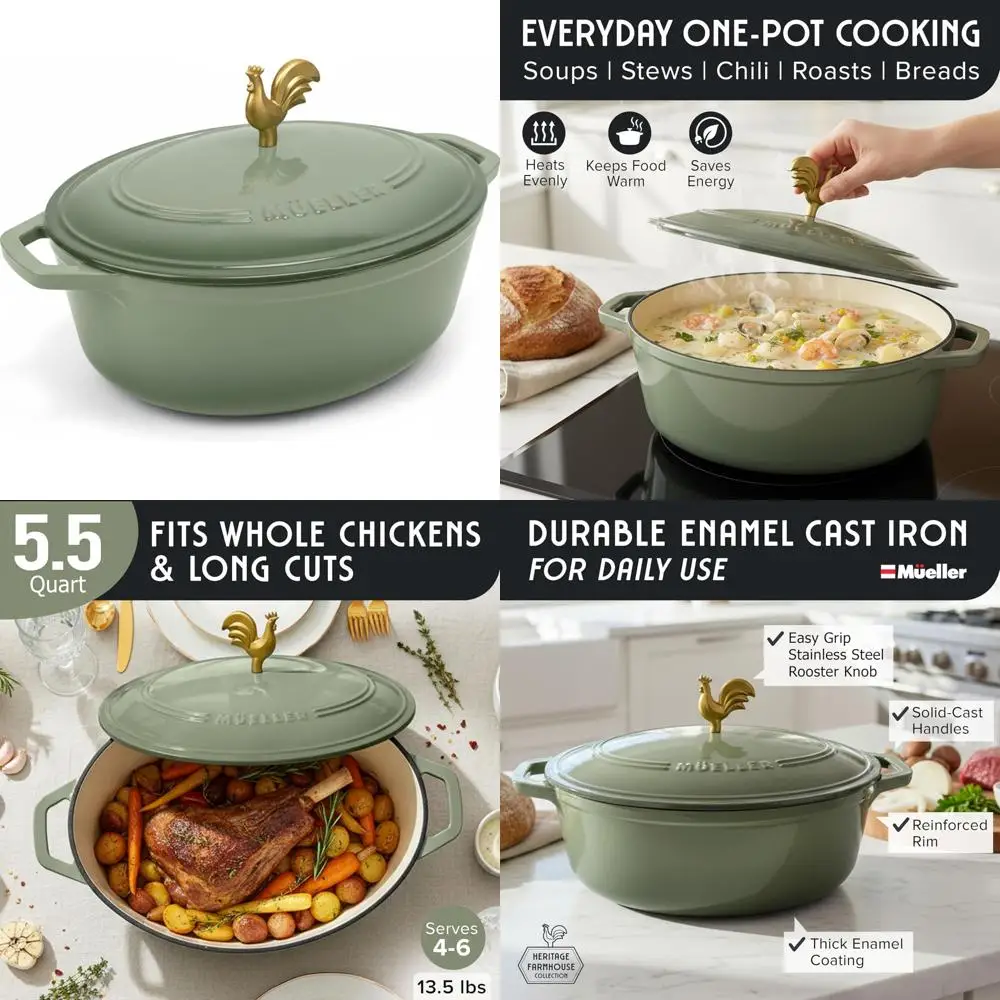 

Enameled Cast Iron Oval Dutch Oven 5.5 Quart, Rooster Knob, Heavy-Duty Cookware, Oven-Safe up to 500°F, Suitable for All Cooking