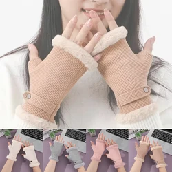 Fashion Solid Color Half Finger Gloves Grid Fingerless Wool Mittens Touchscreen Keep Warm Winter Plush Gloves Writing Guantes