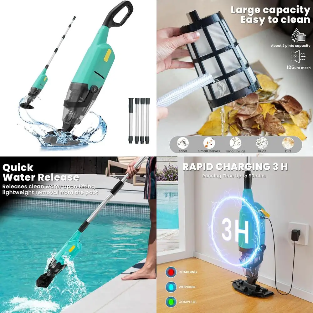 90-Minute Runtime Cordless Above & In-Ground Pool Vacuum Cleaner - Fast 3H Recharge for Hot Tub Use (Green)