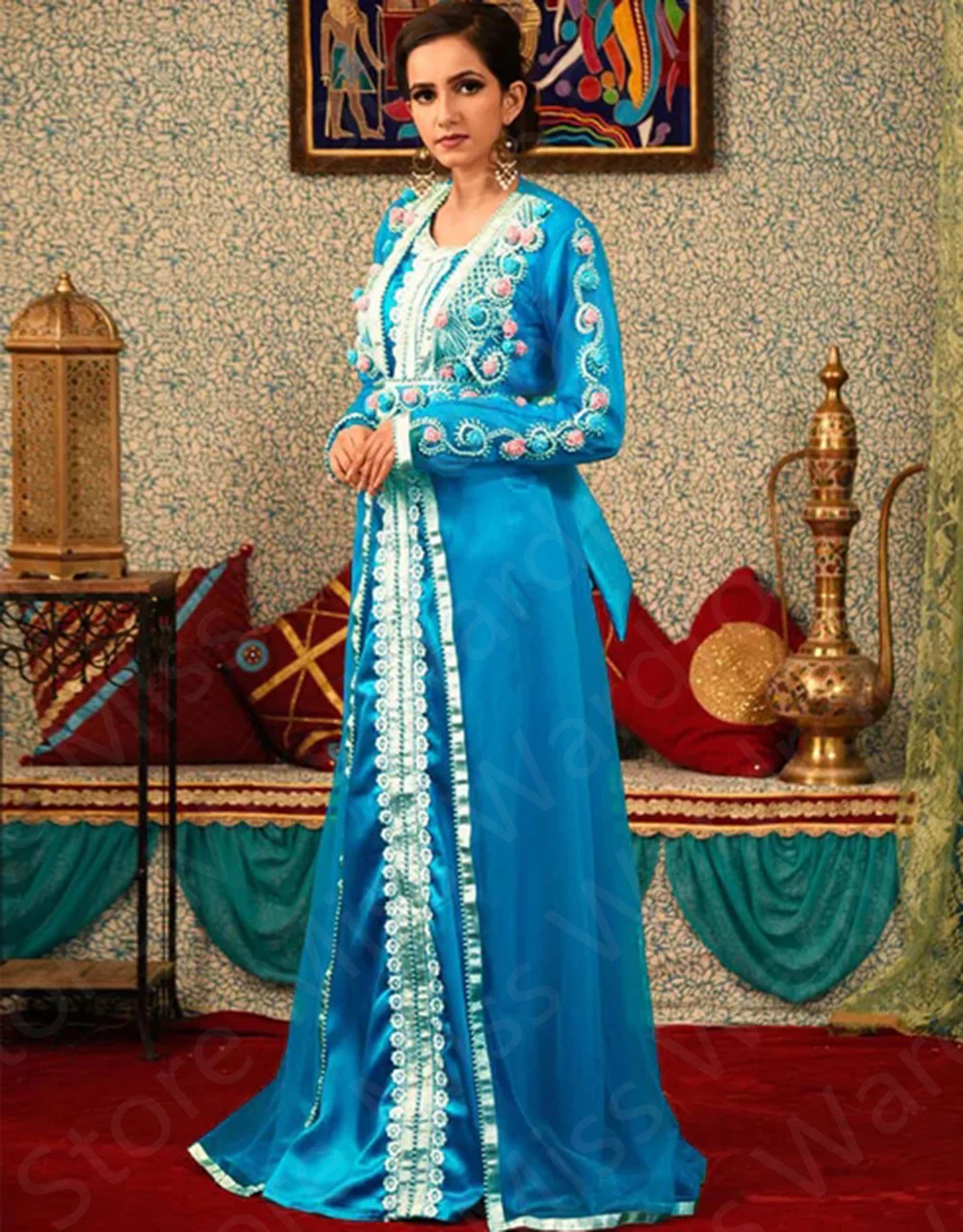 2024 Latest Arrival Blue Evening Dresses Moroccan Caftan Long Sleeves Prom Party Gowns Beading Dubai Wedding Guest Gowns V Neck