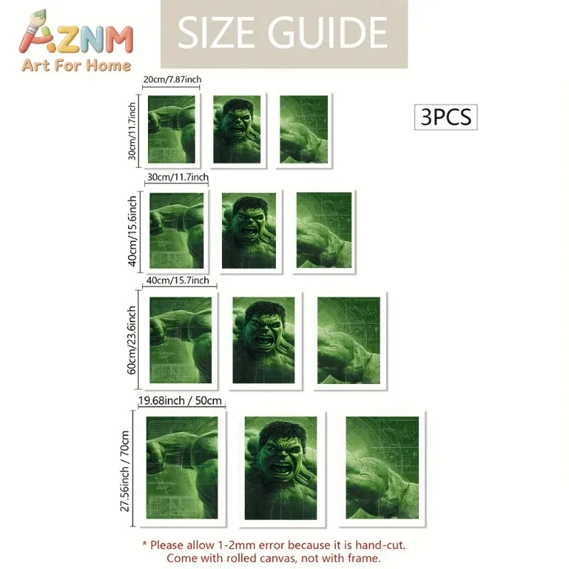 3pcs Hulk Superhero Canvas Wall Art Green Blueprint Roaring Portrait Print Unframed Canvas Painting For Boys Room Living Room