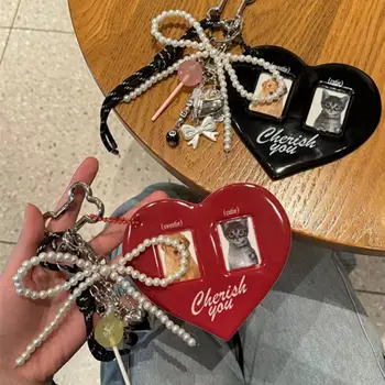 Y2K Mode Rotes Herz Fotoalbum Tasche Anhänger Dekor Vintage Charms Karte ID Foto Schlüsselanhänger PVC Kartenhalter Taschen Hängen Schlüsselanhänger