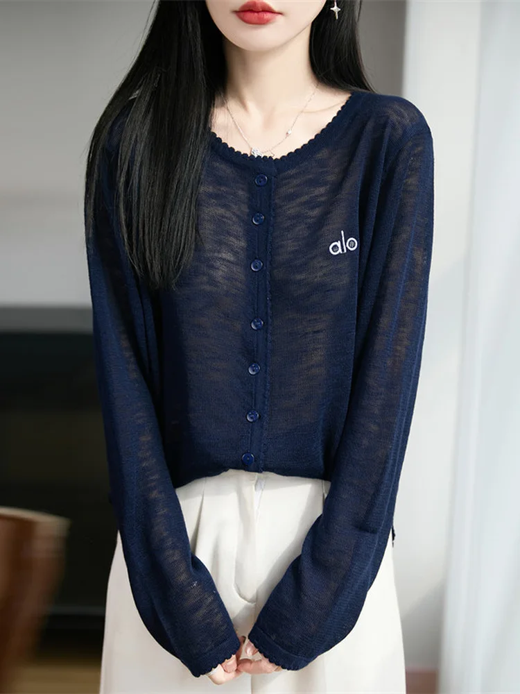 Casual Ice Silk Long Sleeve round Neck Knitted Cardigan Women's Fashionable Versatile Light Weight Sun Protection Top