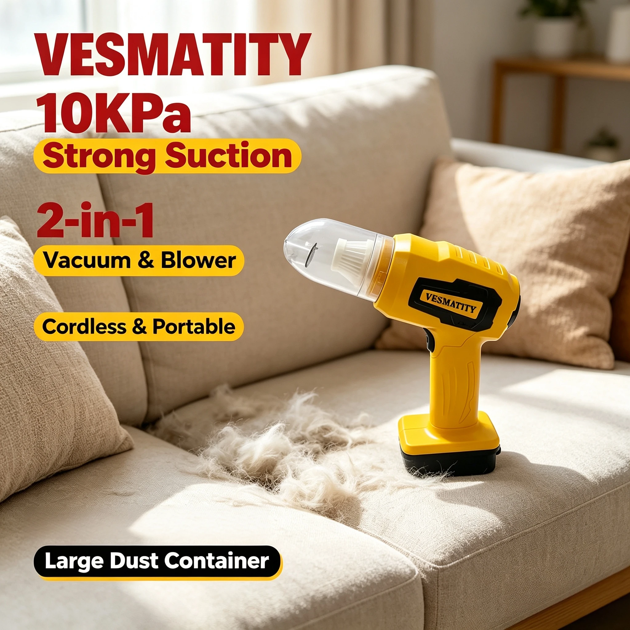 Vesmatity Handheld Car Vacuum Cleaner 10Kpa Suction Power Cordless Dust Collector Blower Tool 18V Battery Pro Max Plus