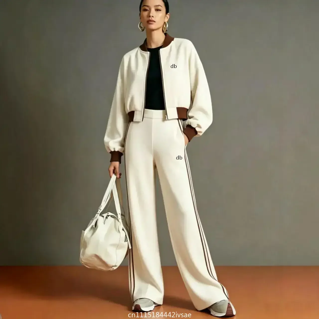 Women's  Autumn Winter Casual Zipper Cardigan Jacket+side Striped Wide Leg Pants Two-piece Set Suitable for Commuting Matching